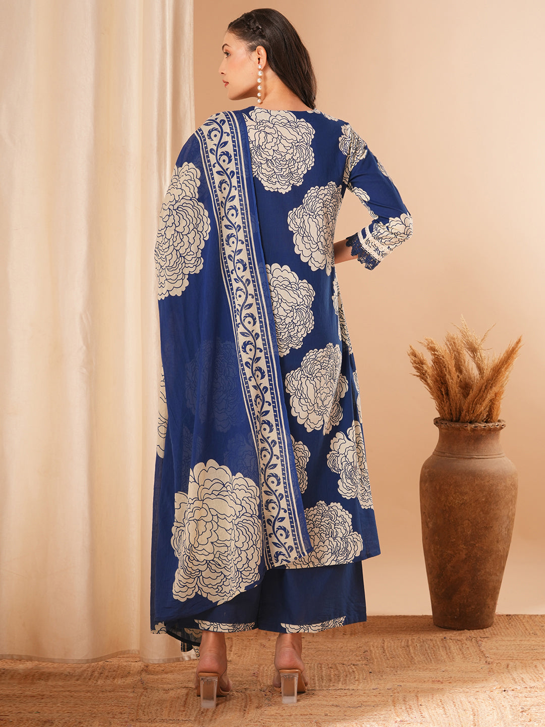 Floral Printed & Embroidered A-Line Kurta with Pant & Dupatta - Blue