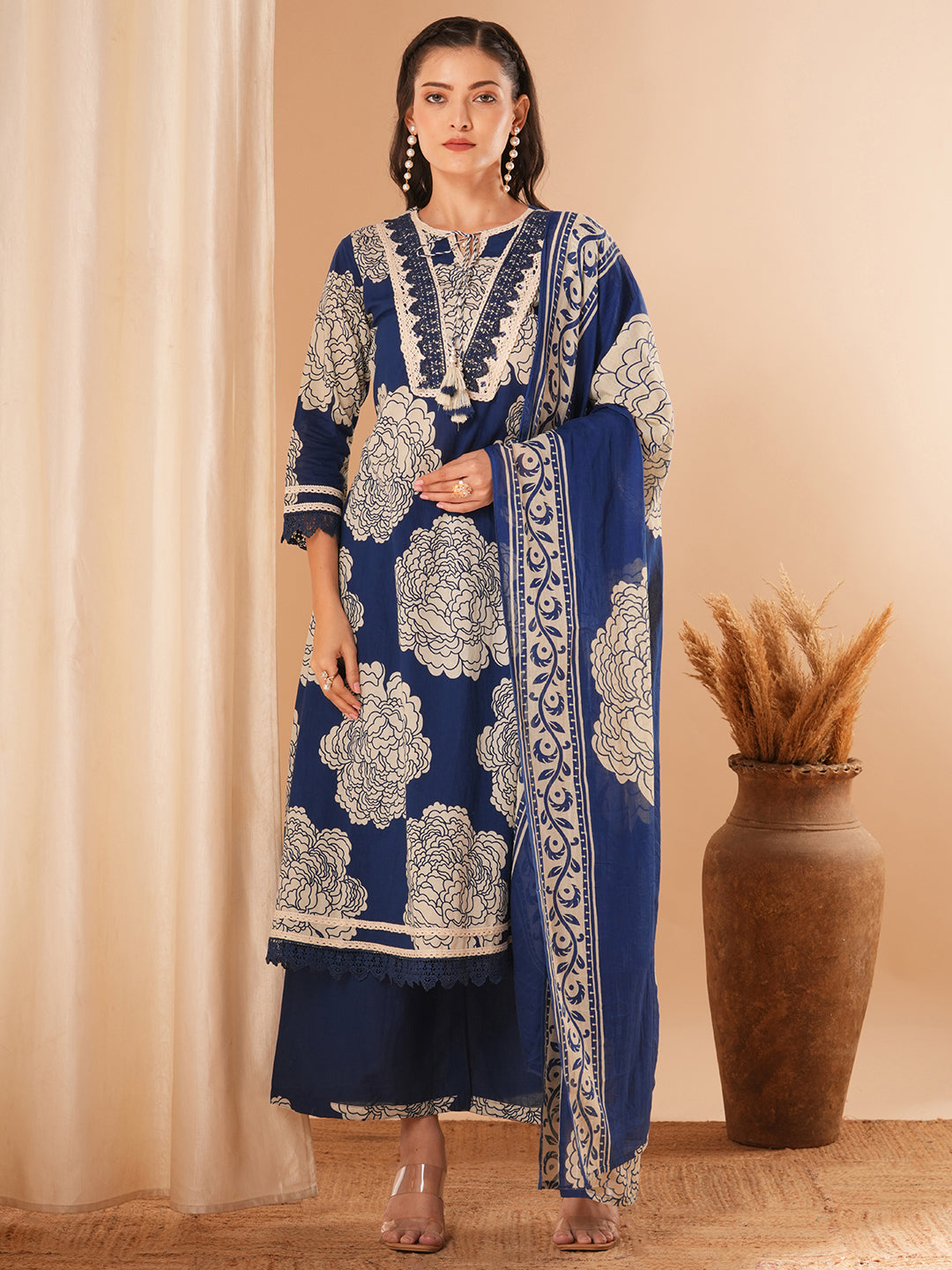 Floral Printed & Embroidered A-Line Kurta with Pant & Dupatta - Blue