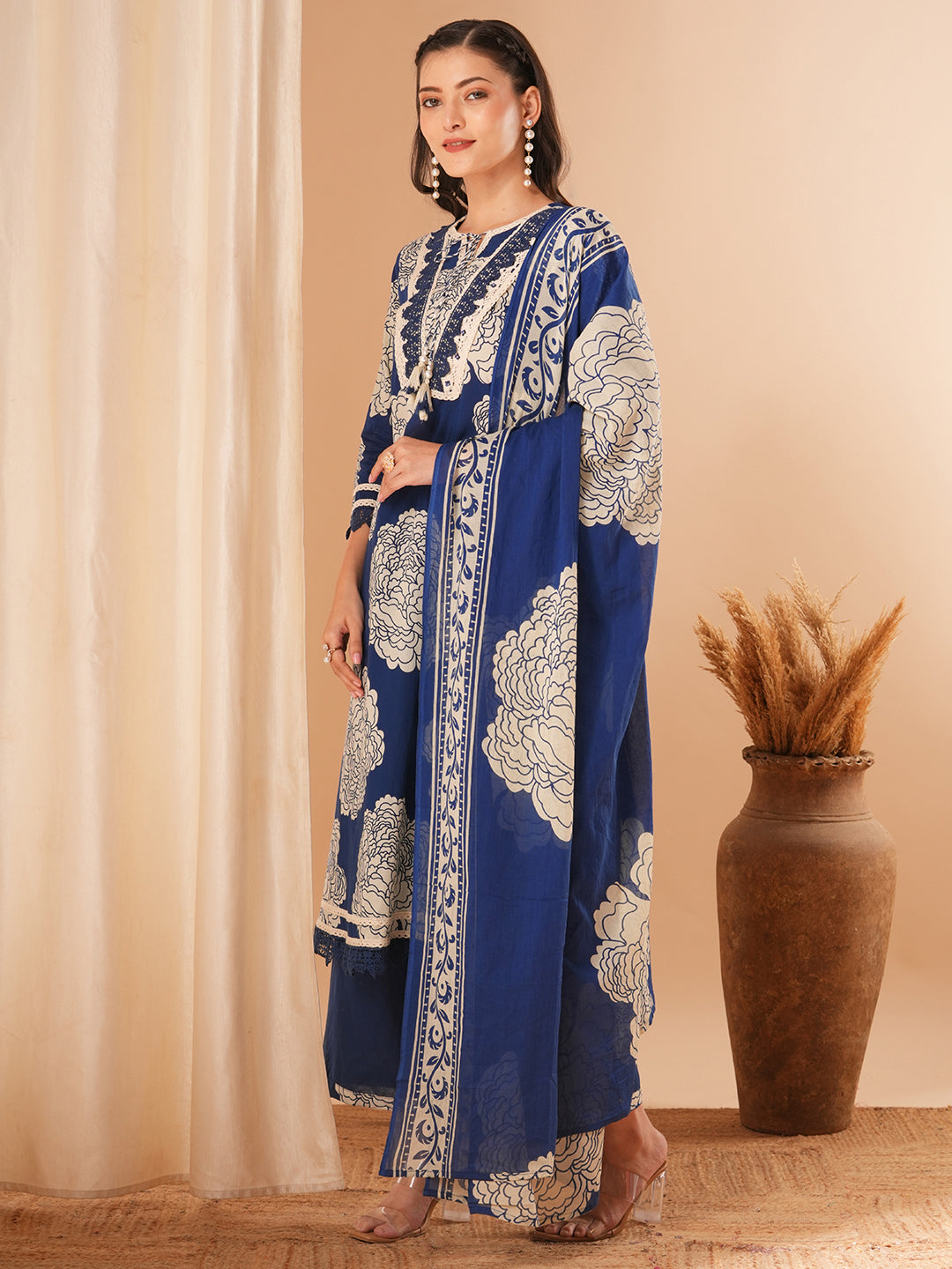 Floral Printed & Embroidered A-Line Kurta with Pant & Dupatta - Blue
