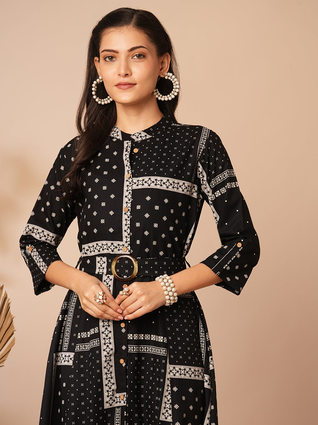 Ethnic Floral Printed A-Line Flared Midi Dress with Belt - Black
