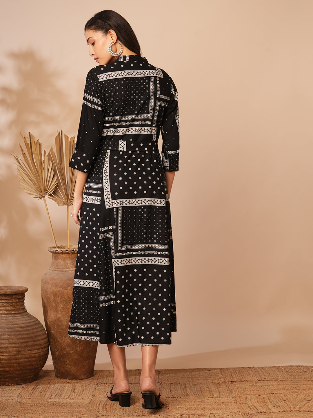 Ethnic Floral Printed A-Line Flared Midi Dress with Belt - Black