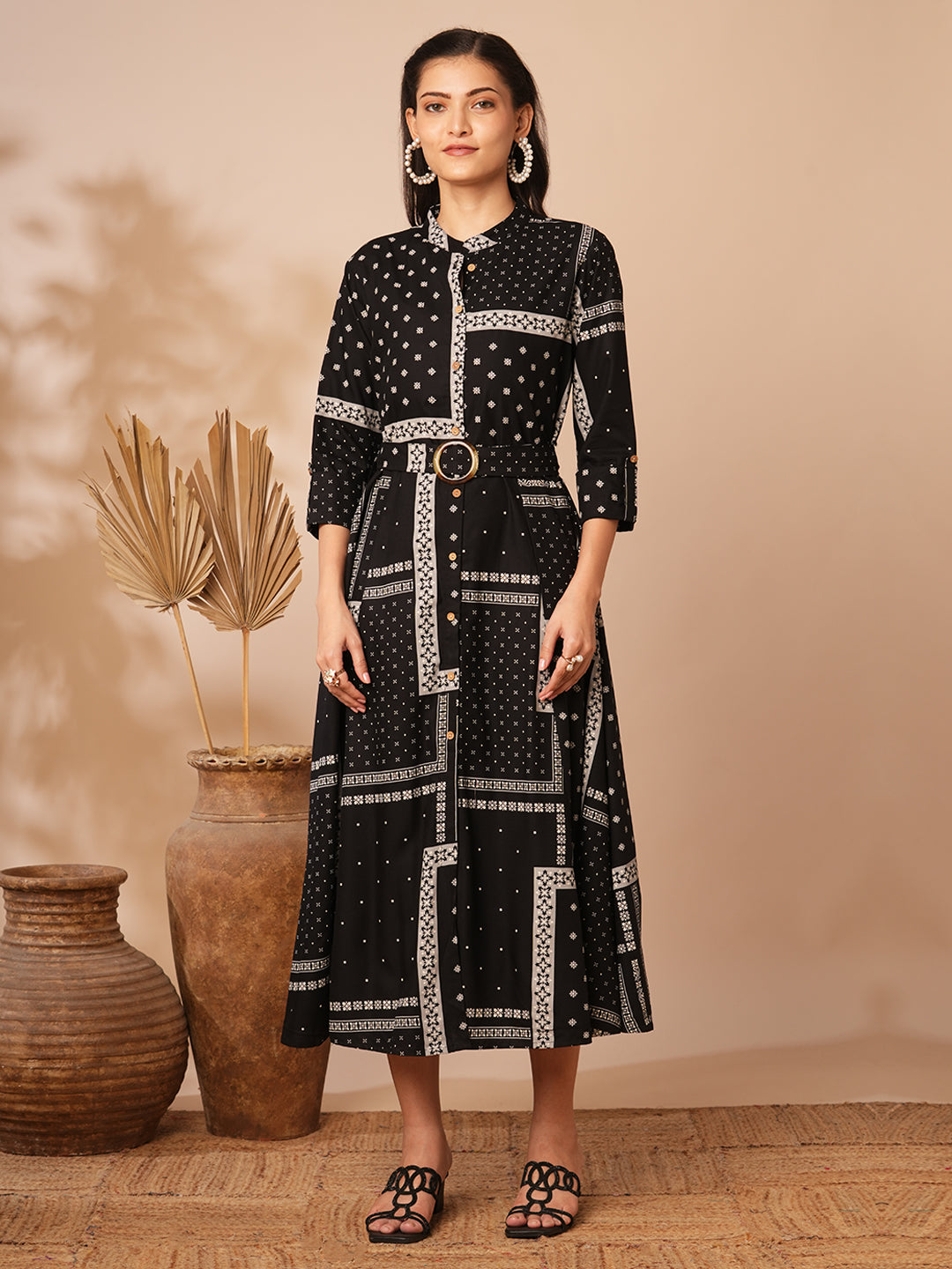 Ethnic Floral Printed A-Line Flared Midi Dress with Belt - Black