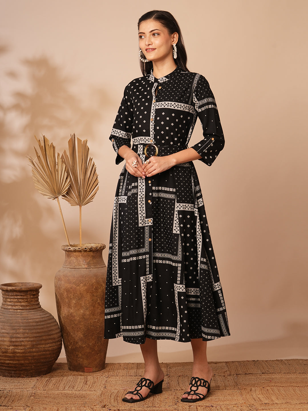 Ethnic Floral Printed A-Line Flared Midi Dress with Belt - Black