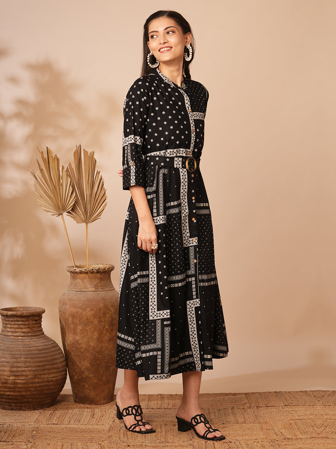 Ethnic Floral Printed A-Line Flared Midi Dress with Belt - Black