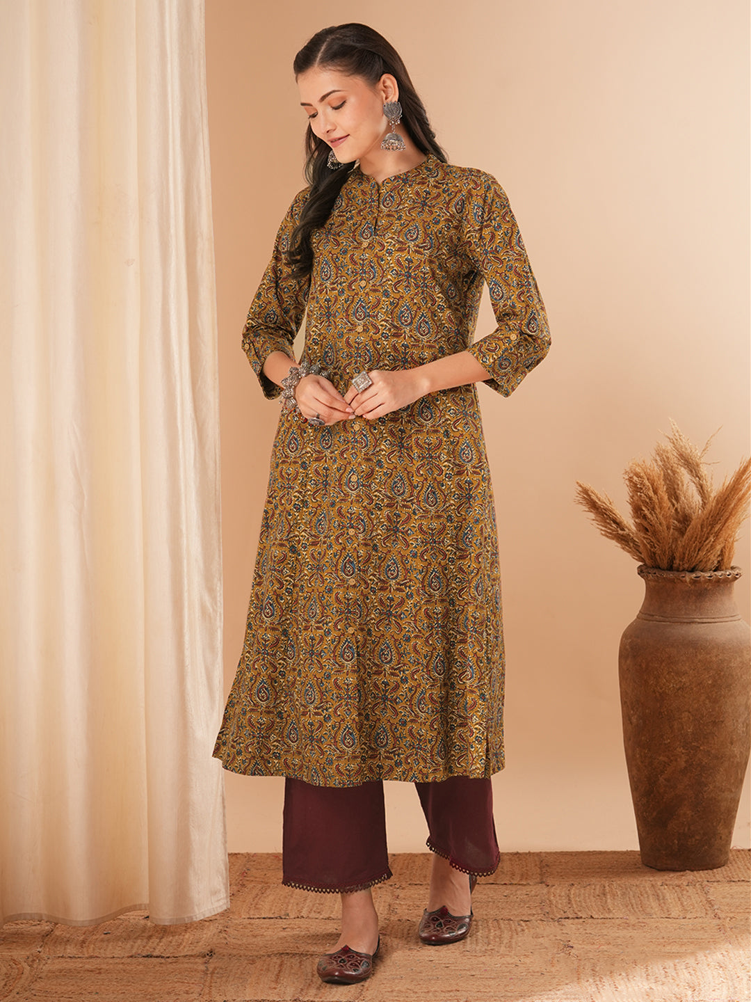 Ethnic Floral Printed A-Line Kurta - Mustard