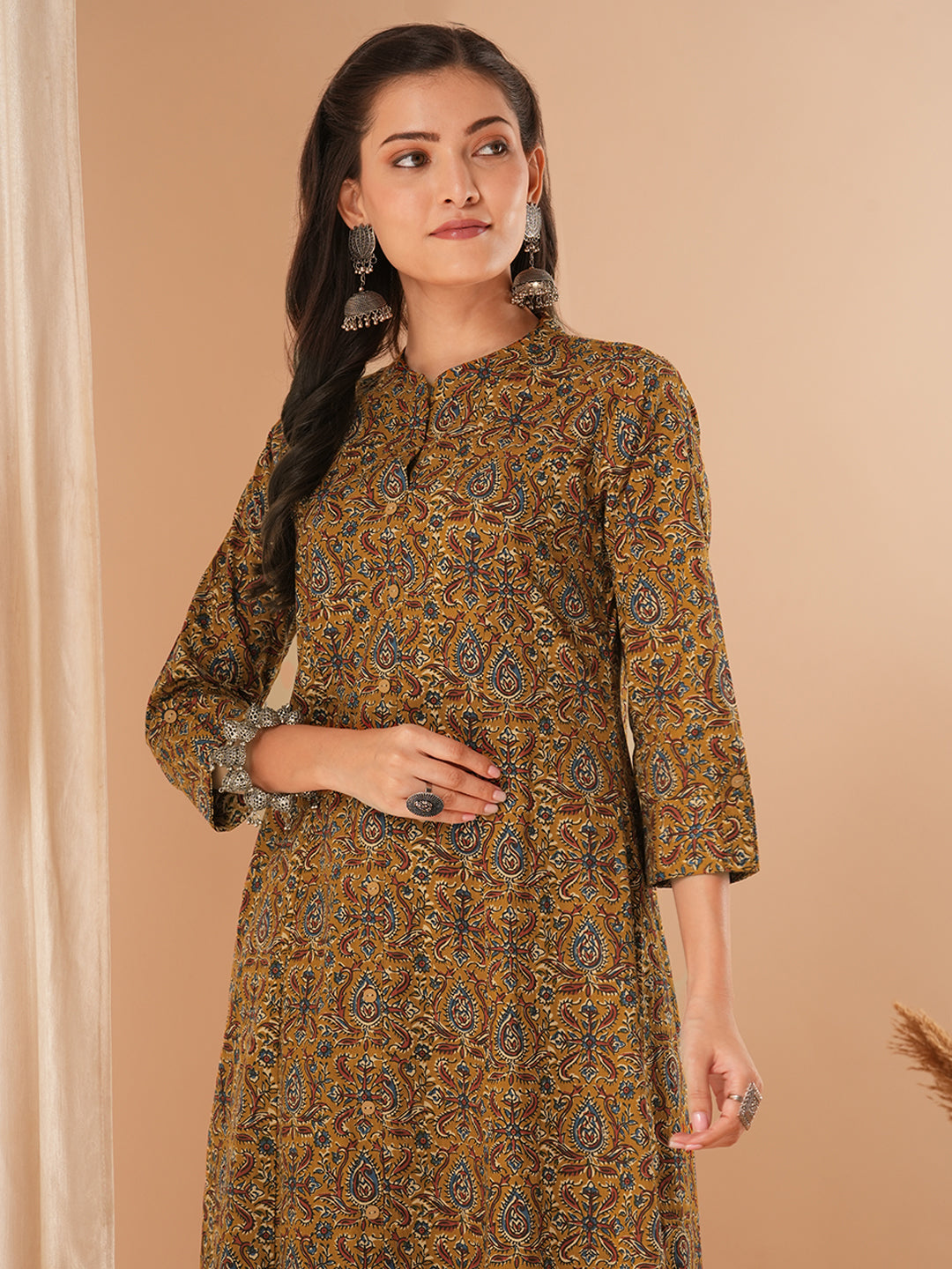 Ethnic Floral Printed A-Line Kurta - Mustard