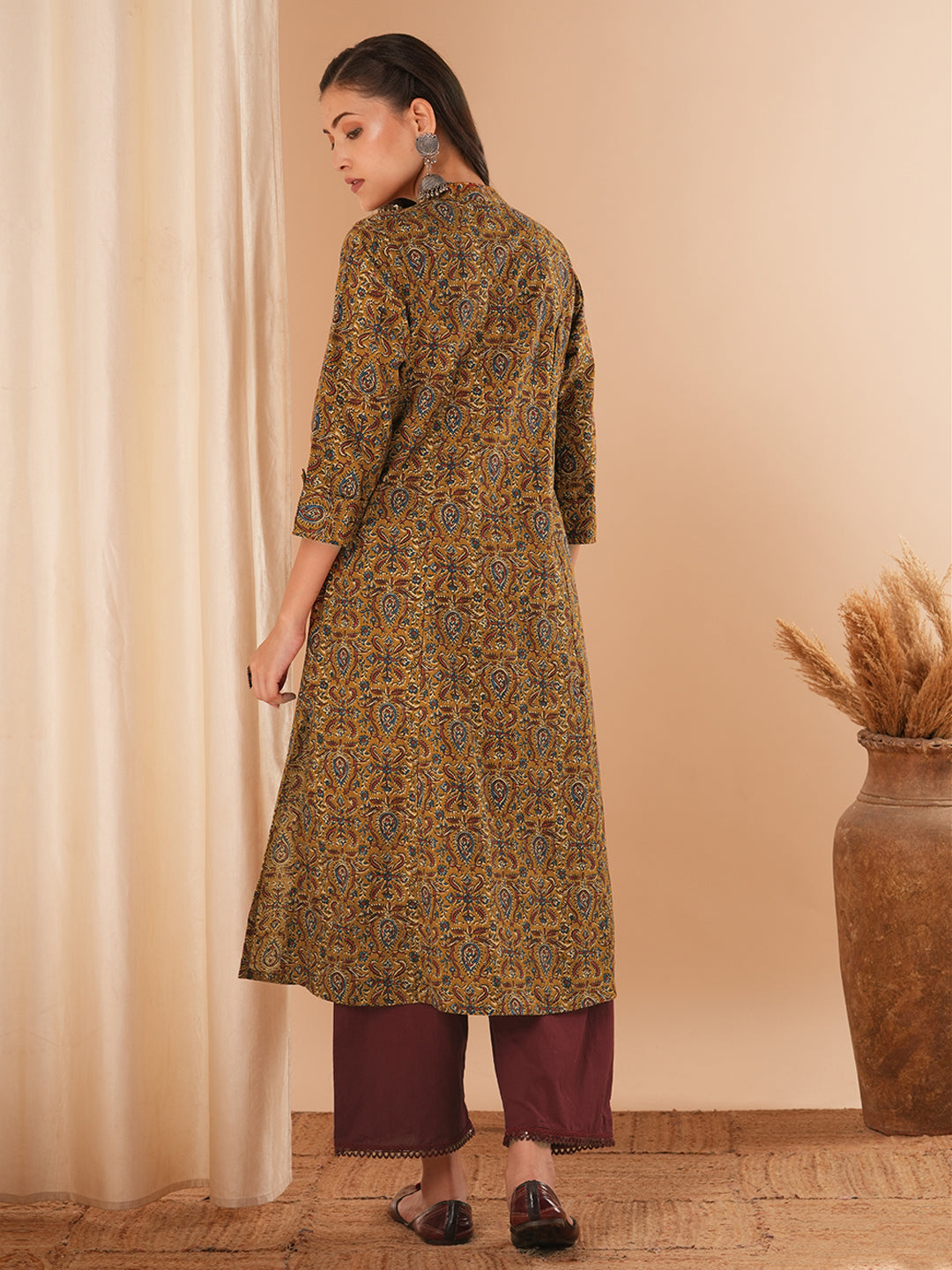 Ethnic Floral Printed A-Line Kurta - Mustard