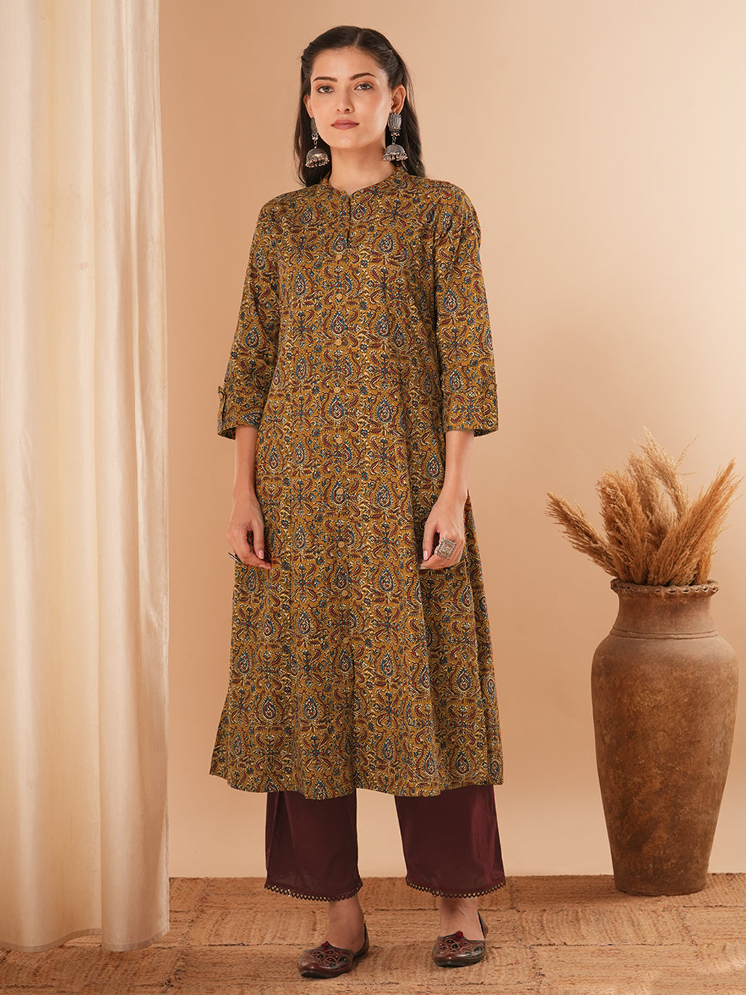 Ethnic Floral Printed A-Line Kurta - Mustard