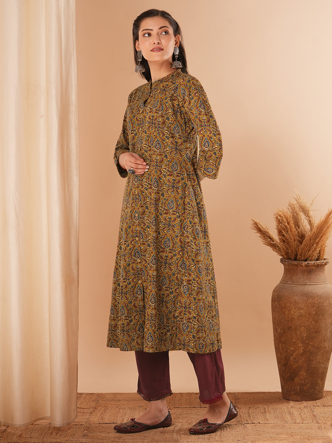 Ethnic Floral Printed A-Line Kurta - Mustard