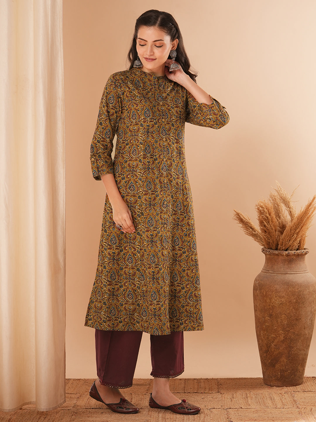 Ethnic Floral Printed A-Line Kurta - Mustard