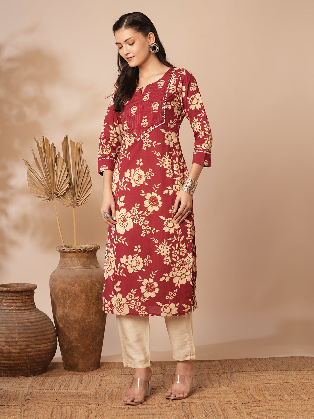 Ethnic Floral Printed & Embroidered Straight Fit Kurta - Maroon