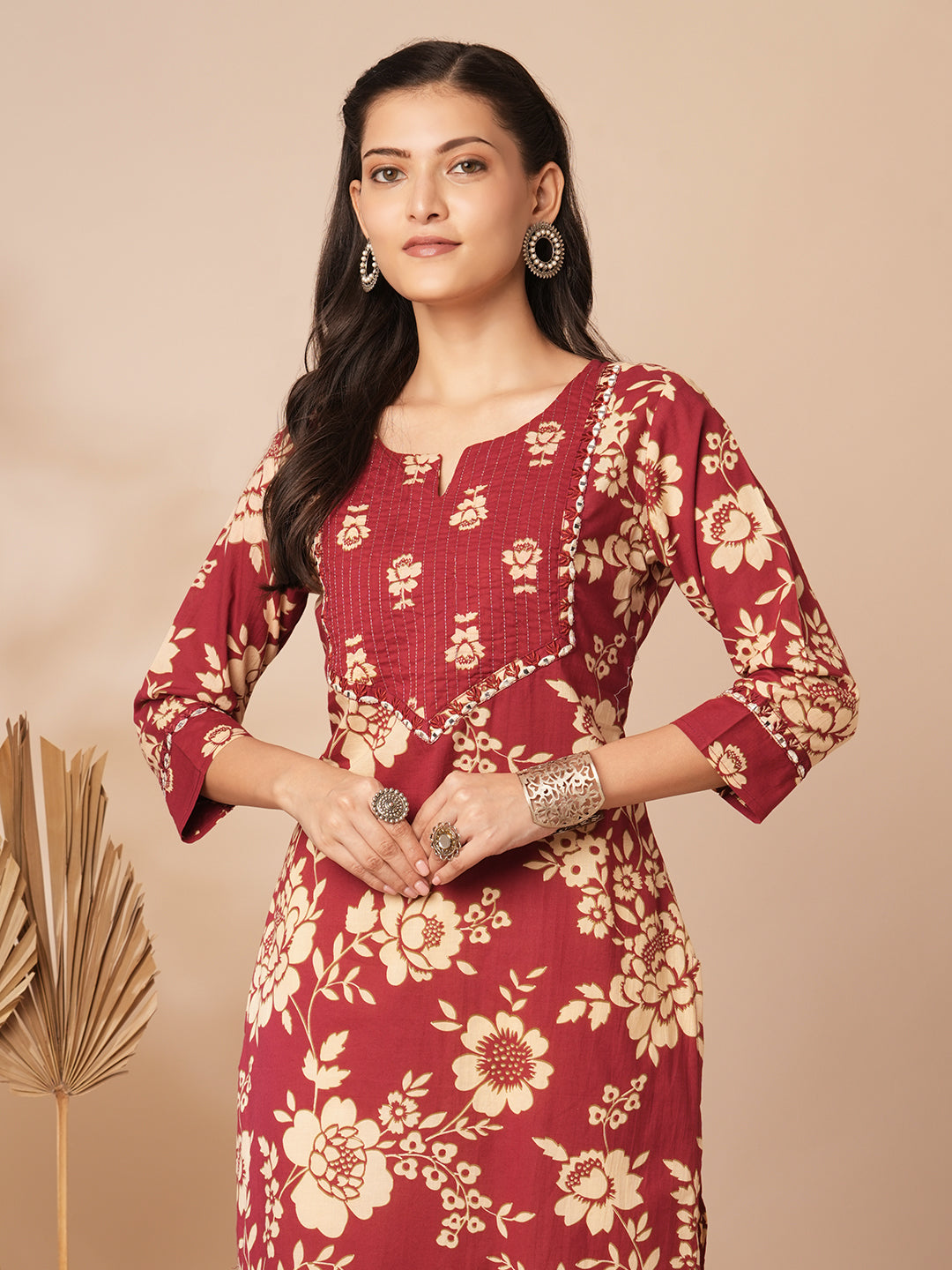 Ethnic Floral Printed & Embroidered Straight Fit Kurta - Maroon