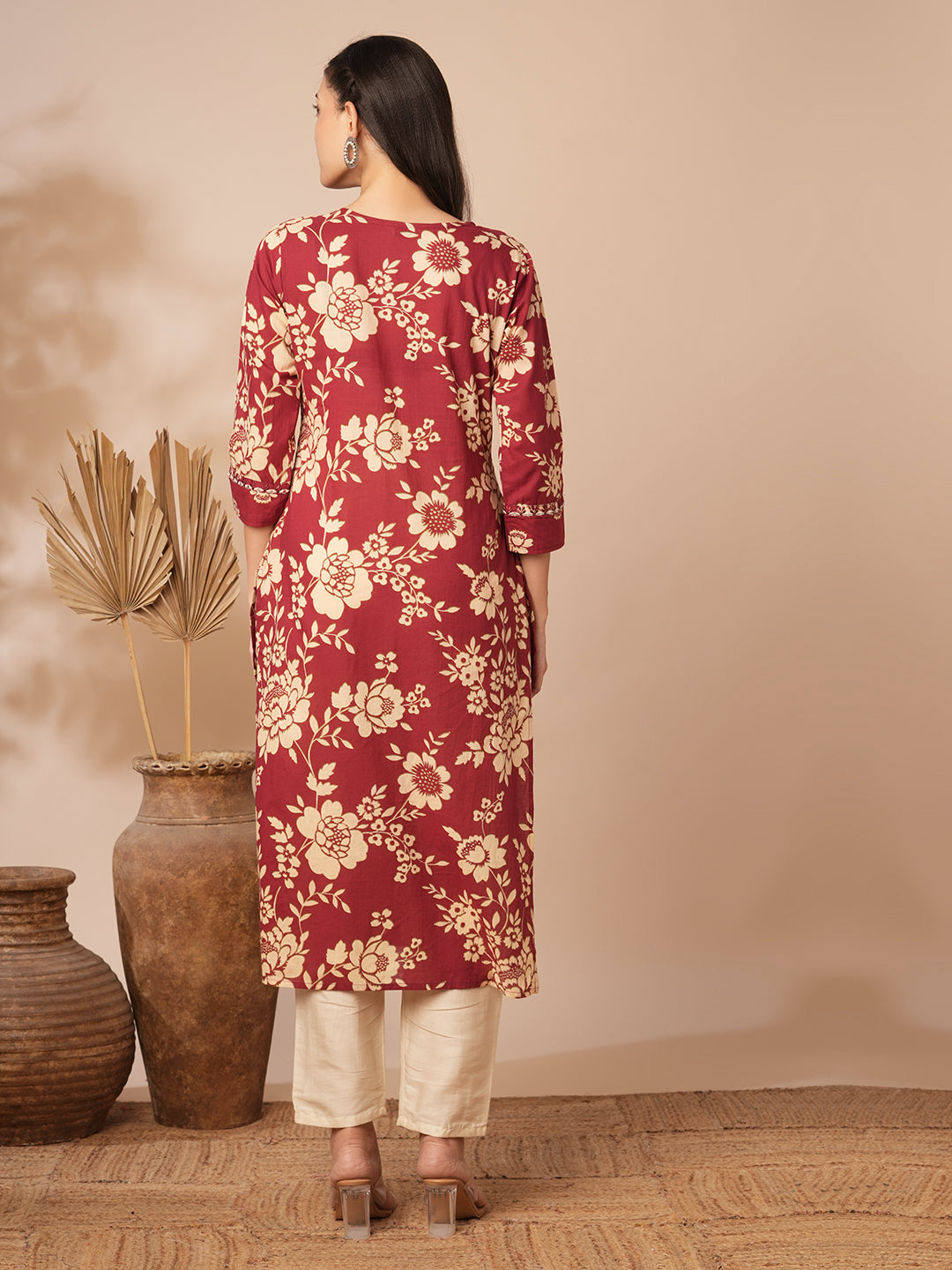 Ethnic Floral Printed & Embroidered Straight Fit Kurta - Maroon