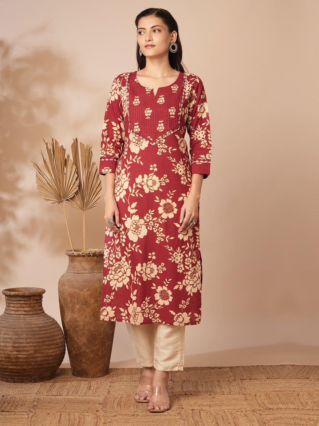 Ethnic Floral Printed & Embroidered Straight Fit Kurta - Maroon