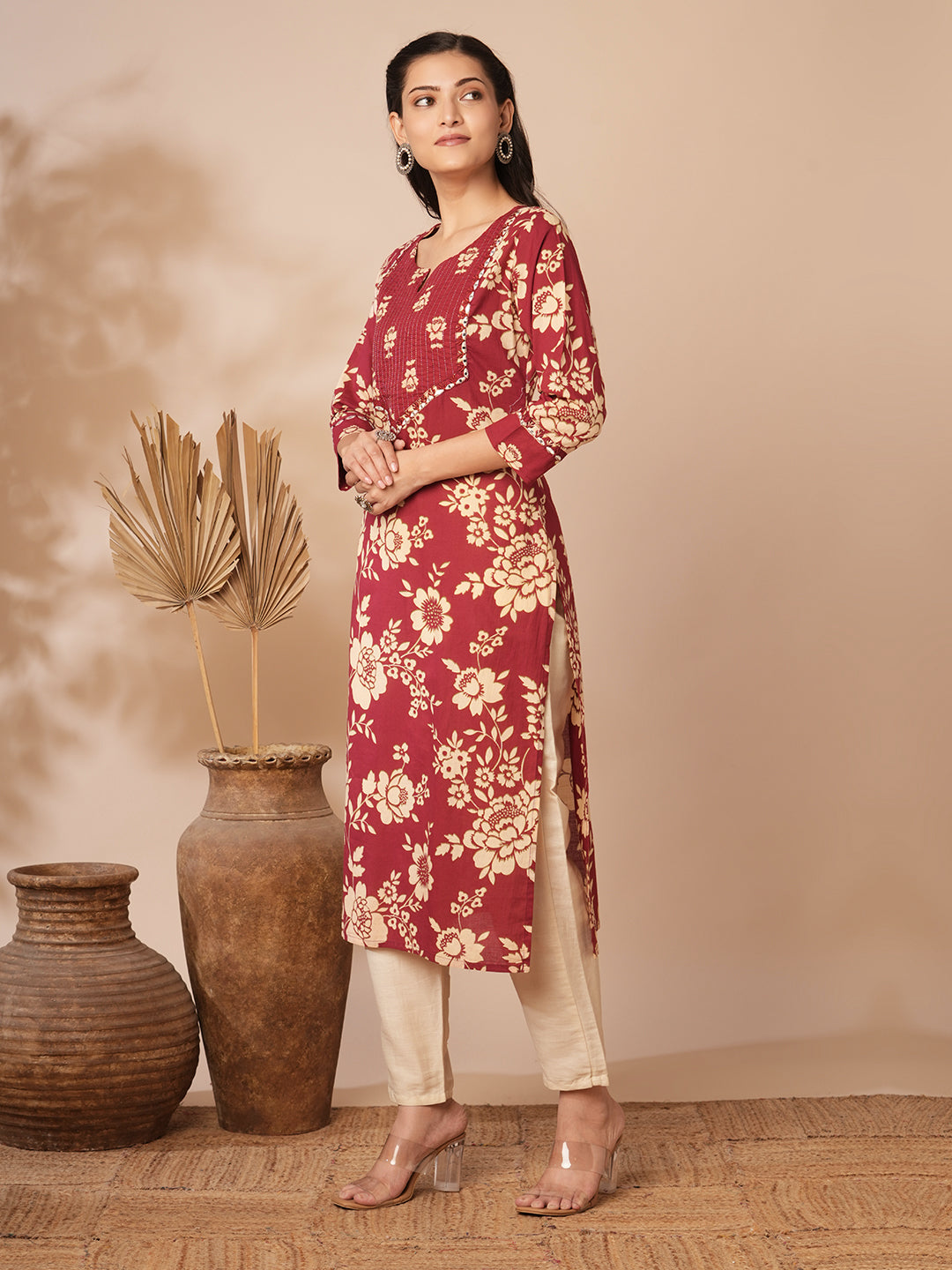 Ethnic Floral Printed & Embroidered Straight Fit Kurta - Maroon
