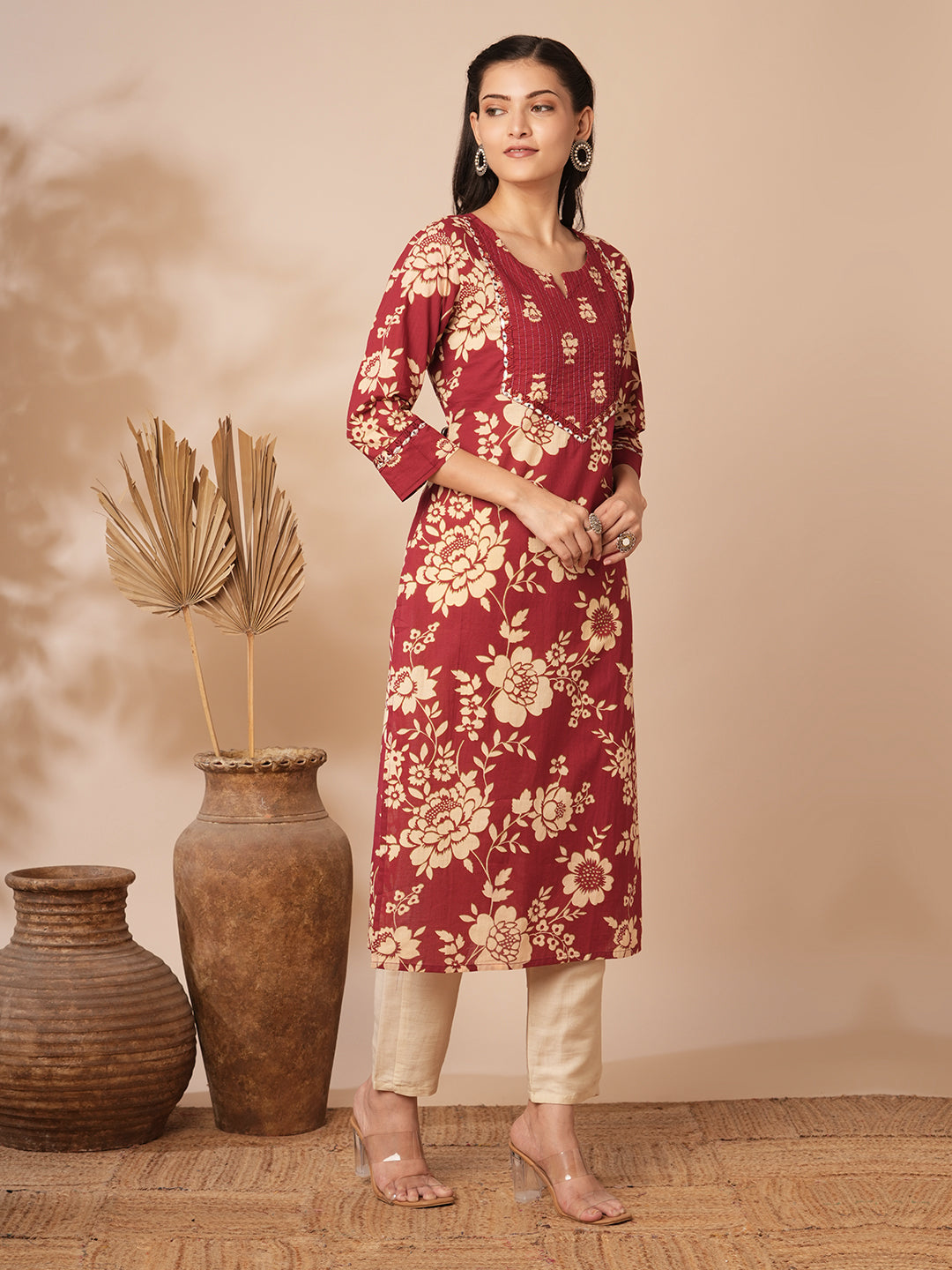 Ethnic Floral Printed & Embroidered Straight Fit Kurta - Maroon