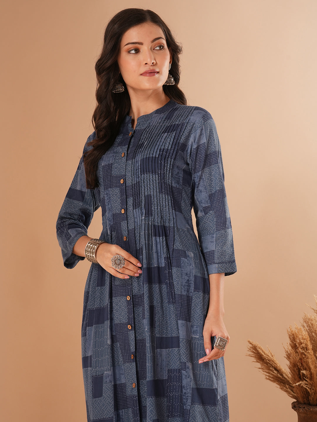 Geometric Checks Printed Pleated A-Line Flared Midi Dress - Blue