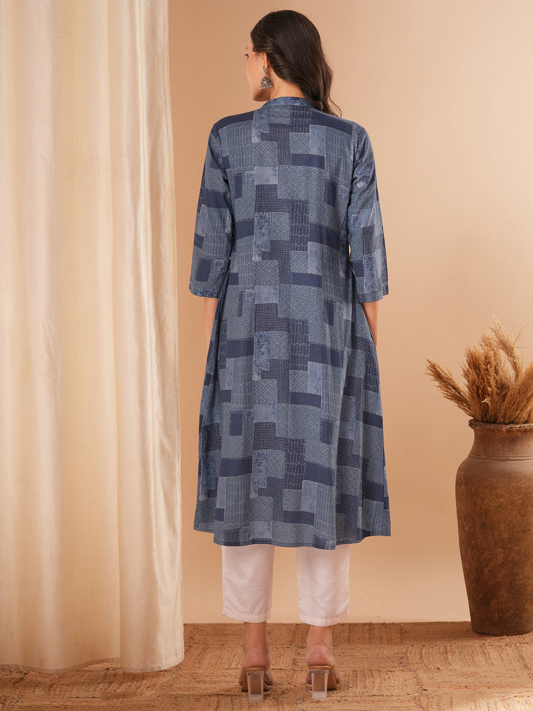 Geometric Checks Printed Pleated A-Line Flared Midi Dress - Blue