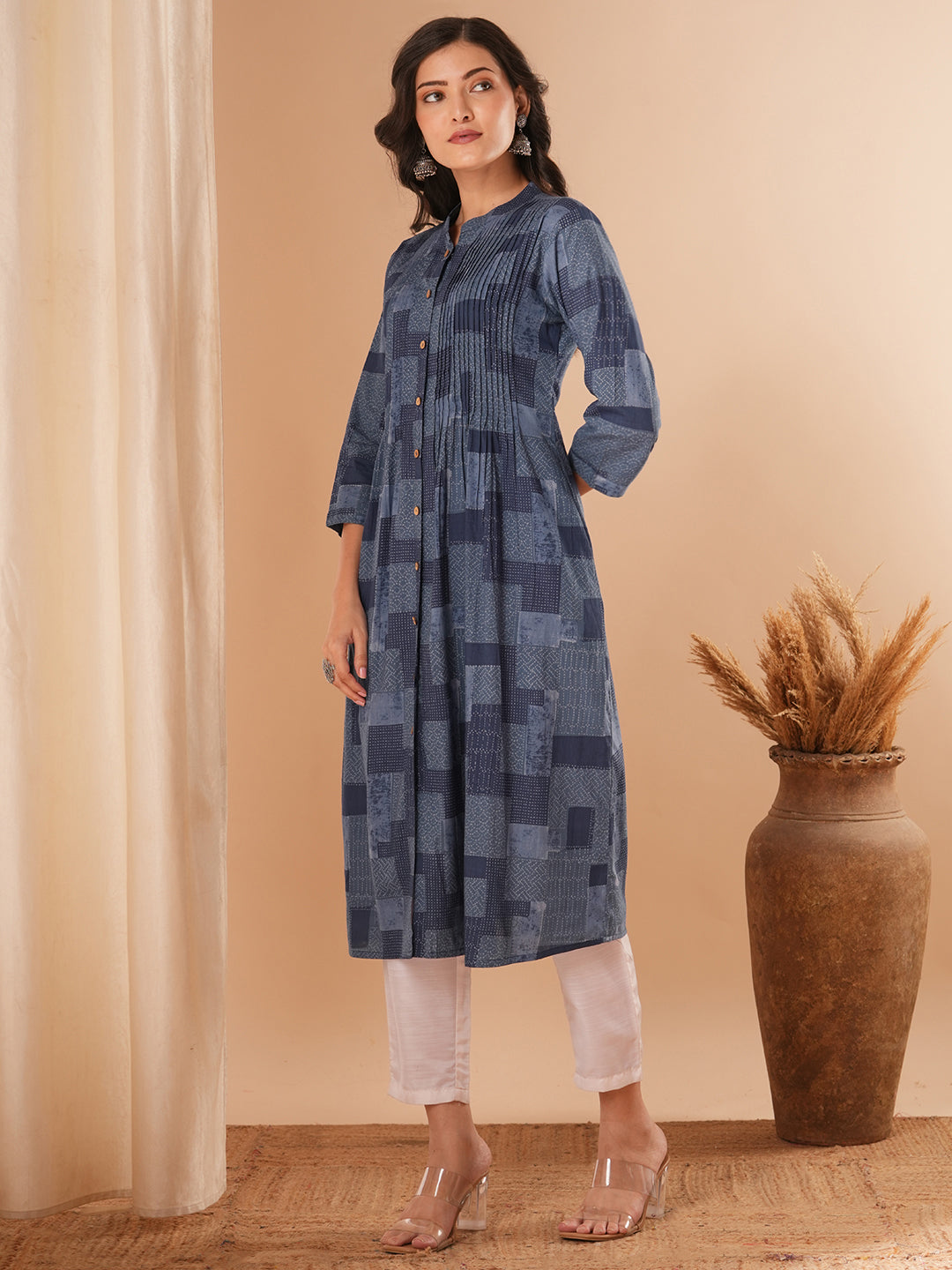 Geometric Checks Printed Pleated A-Line Flared Midi Dress - Blue