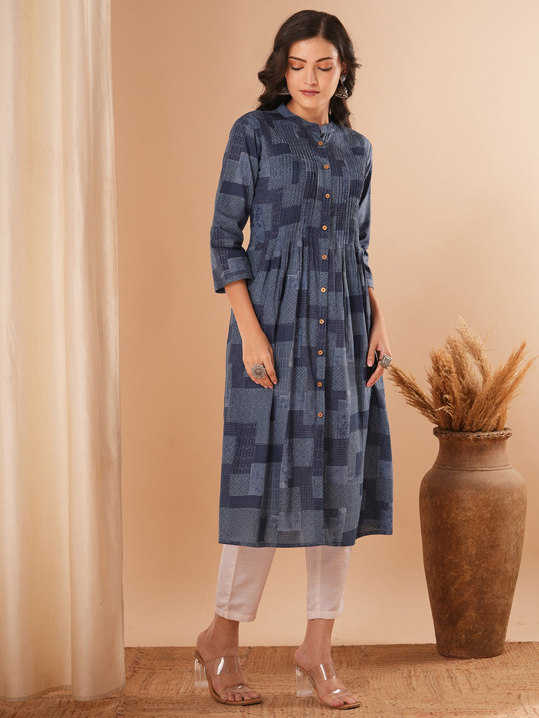 Geometric Checks Printed Pleated A-Line Flared Midi Dress - Blue