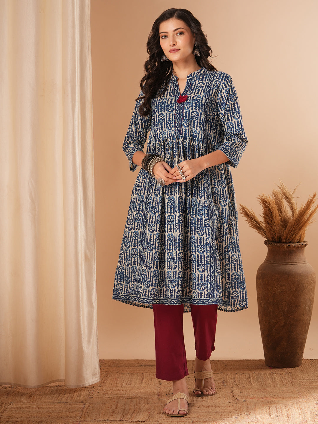 Ethnic Floral Printed A-Line Pleated Midi Dress - Blue