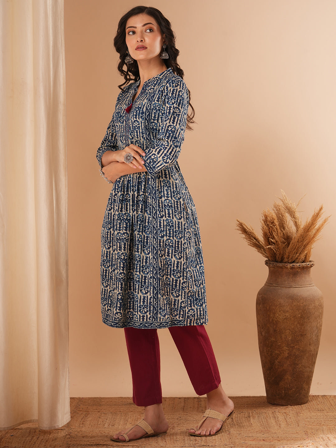 Ethnic Floral Printed A-Line Pleated Midi Dress - Blue