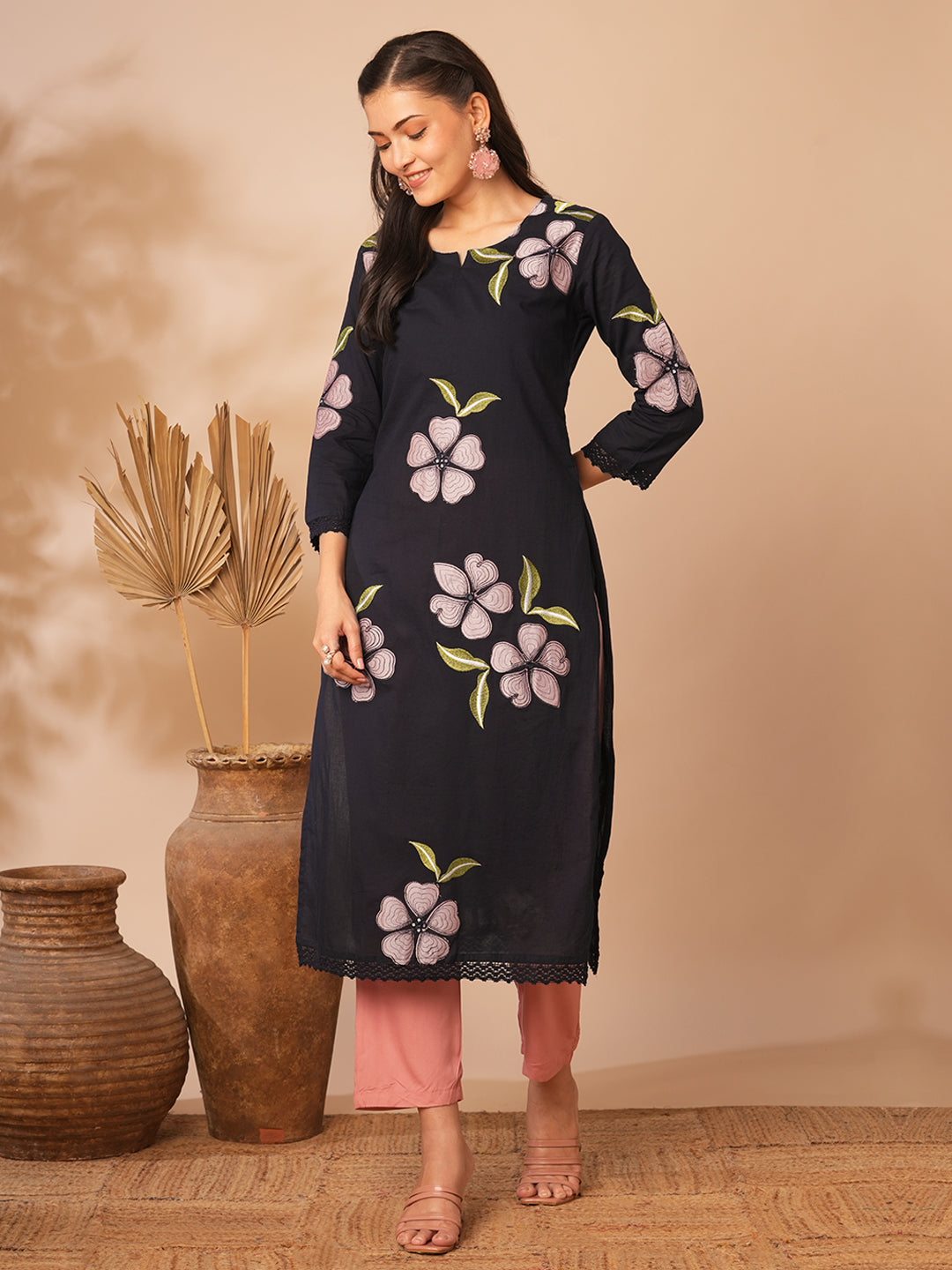 Abstract Floral Printed Straight Fit Kurta - Black