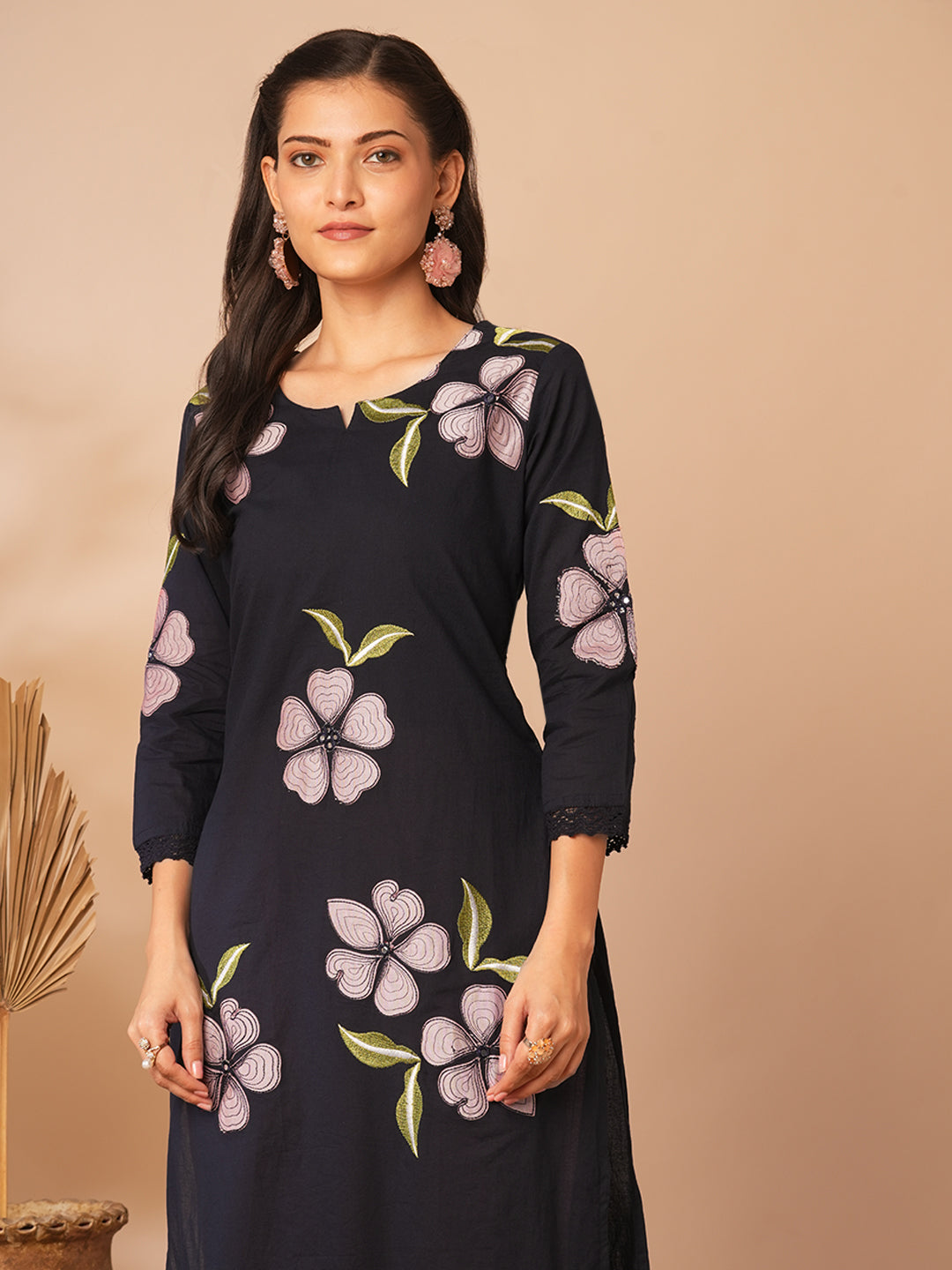 Abstract Floral Printed Straight Fit Kurta - Black