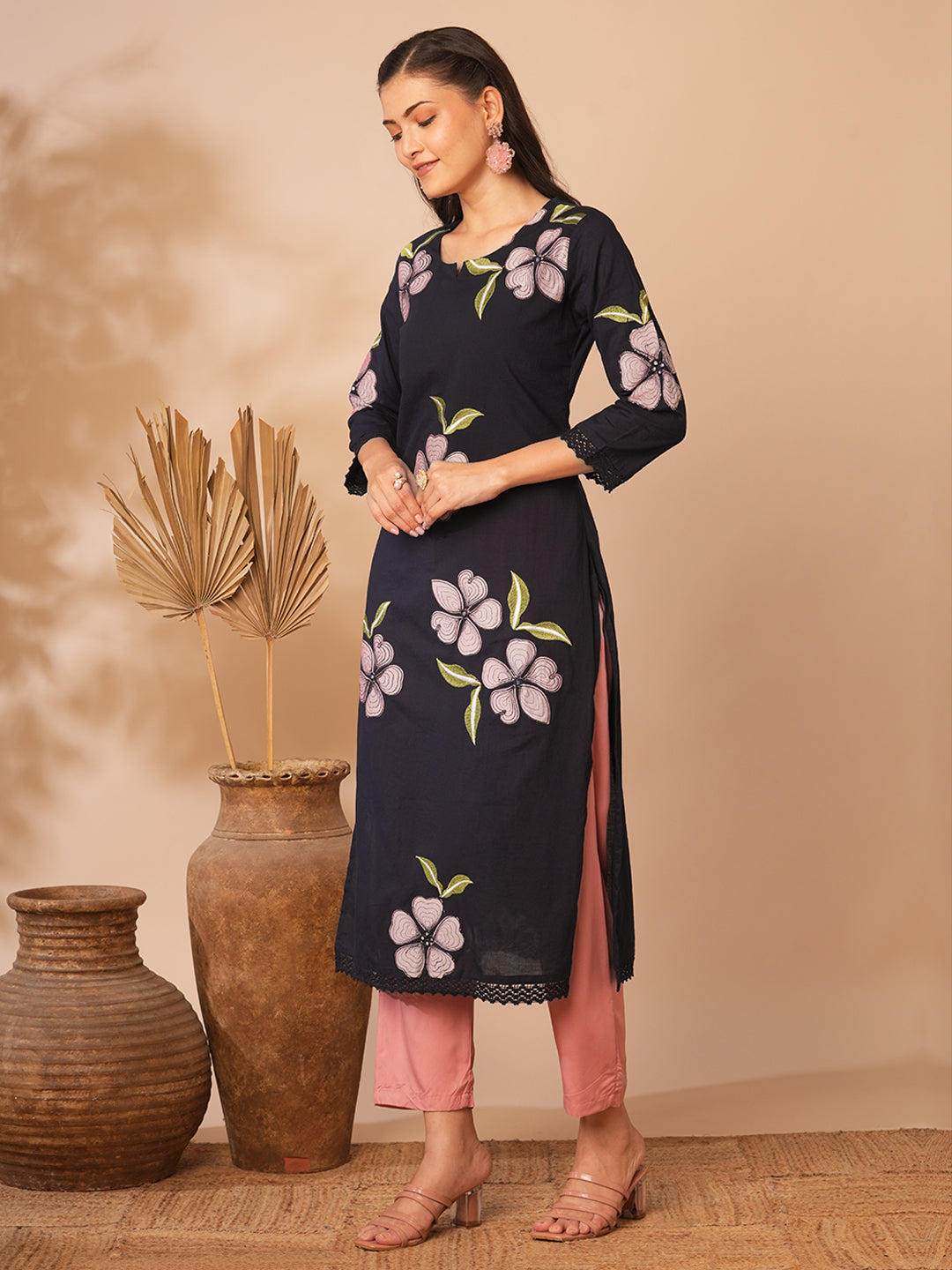 Abstract Floral Printed Straight Fit Kurta - Black
