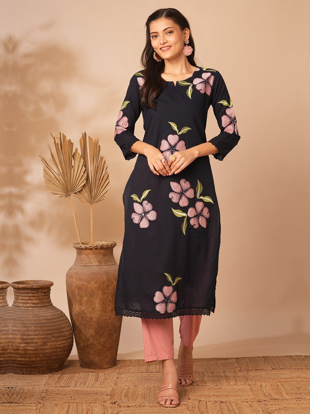 Abstract Floral Printed Straight Fit Kurta - Black