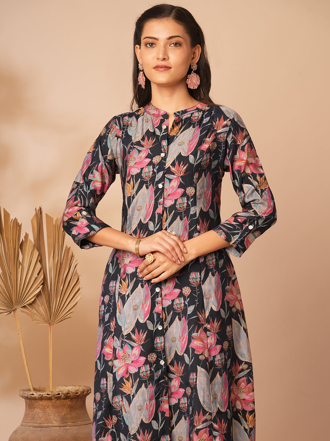 Abstract Floral Printed A-Line Paneled & Kurta - Blue