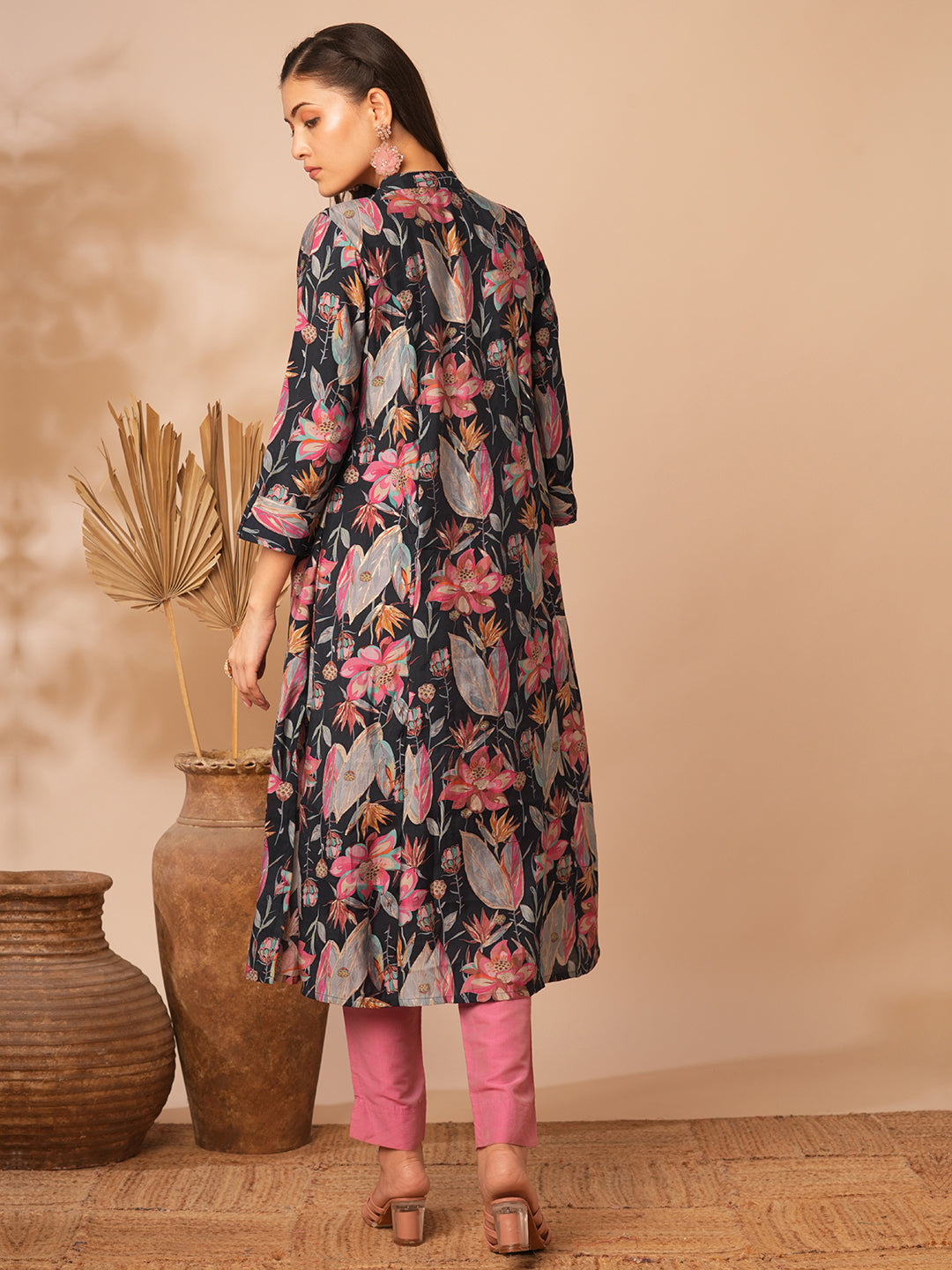 Abstract Floral Printed A-Line Paneled & Kurta - Blue