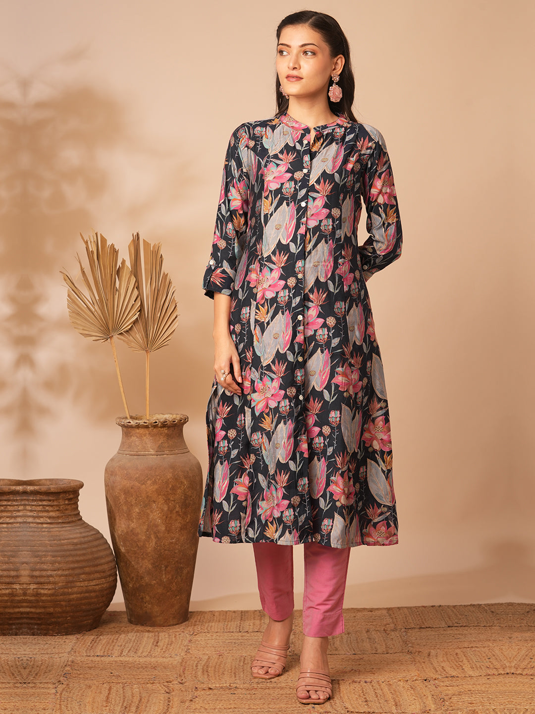 Abstract Floral Printed A-Line Paneled & Kurta - Blue