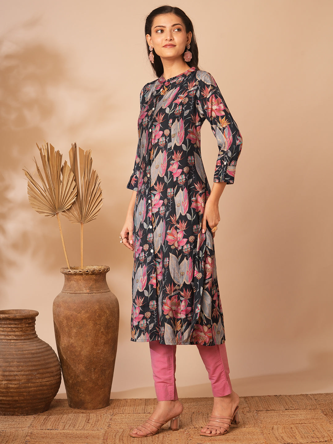 Abstract Floral Printed A-Line Paneled & Kurta - Blue