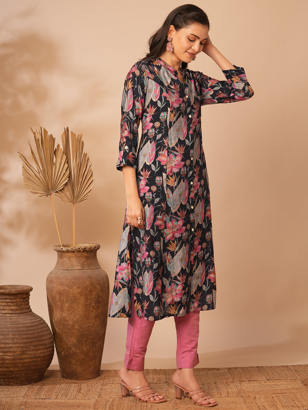 Abstract Floral Printed A-Line Paneled & Kurta - Blue