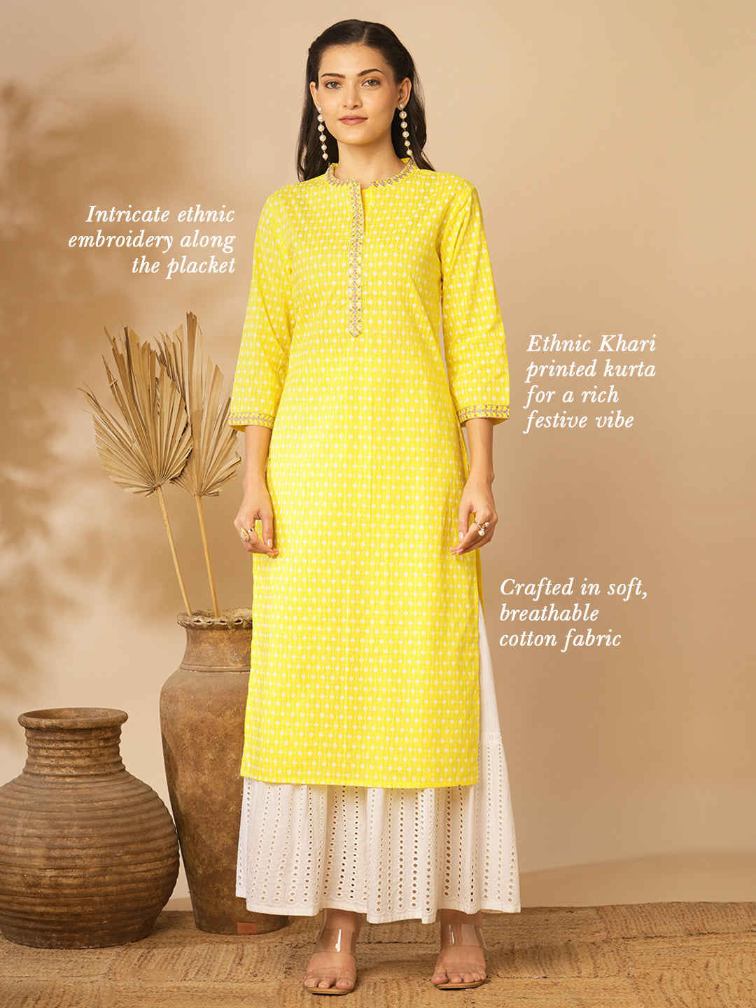 Ethnic Khari Printed & Embroidered Straight Fit Kurta - Yellow