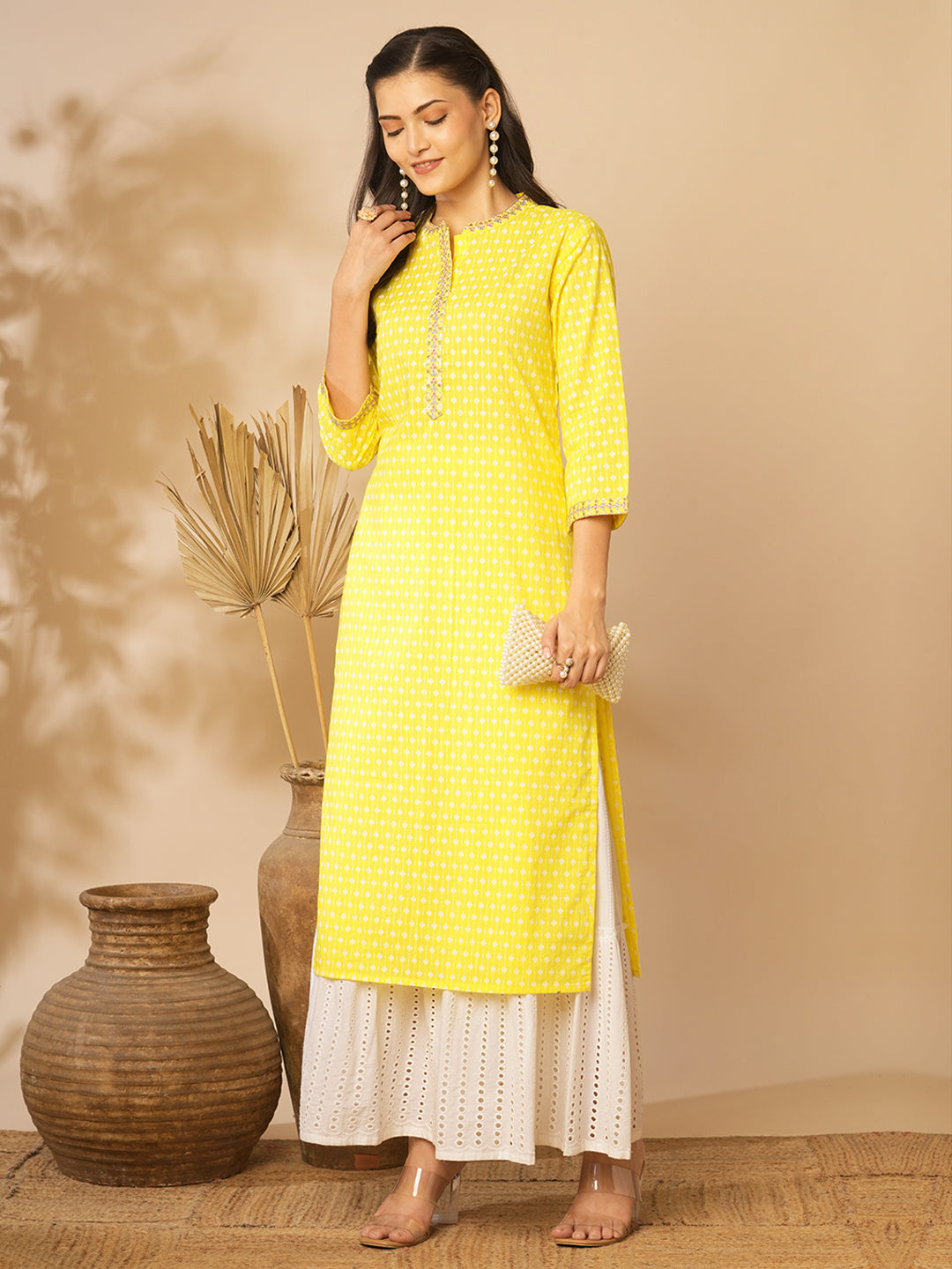 Ethnic Khari Printed & Embroidered Straight Fit Kurta - Yellow