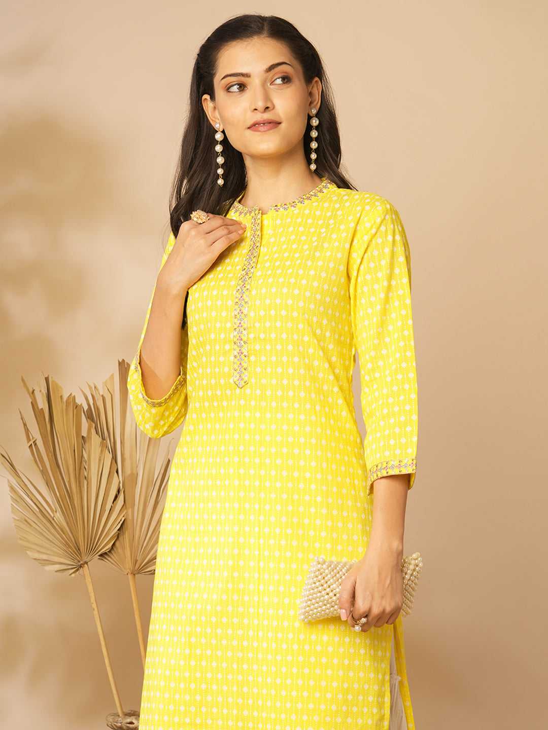 Ethnic Khari Printed & Embroidered Straight Fit Kurta - Yellow