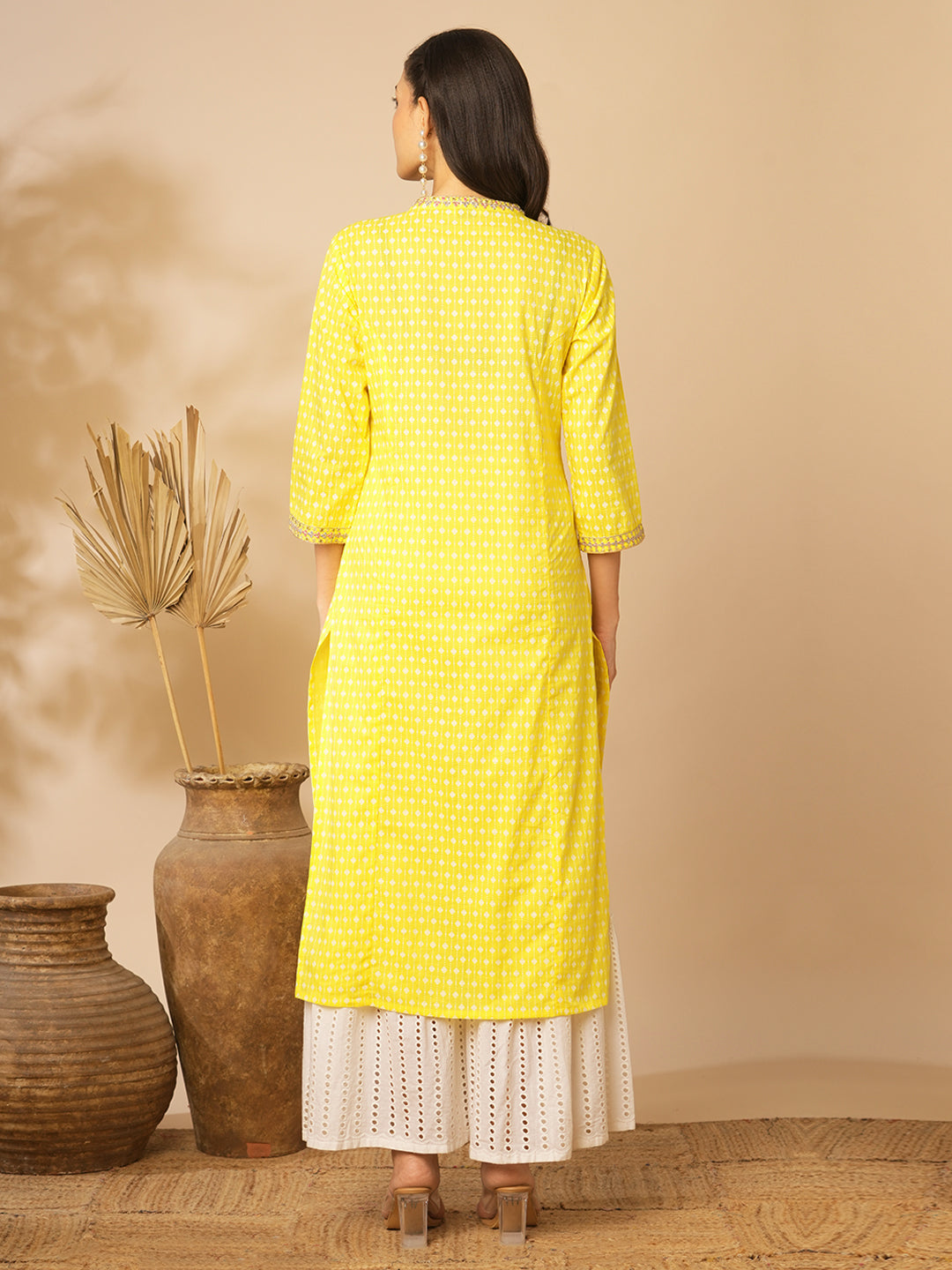 Ethnic Khari Printed & Embroidered Straight Fit Kurta - Yellow