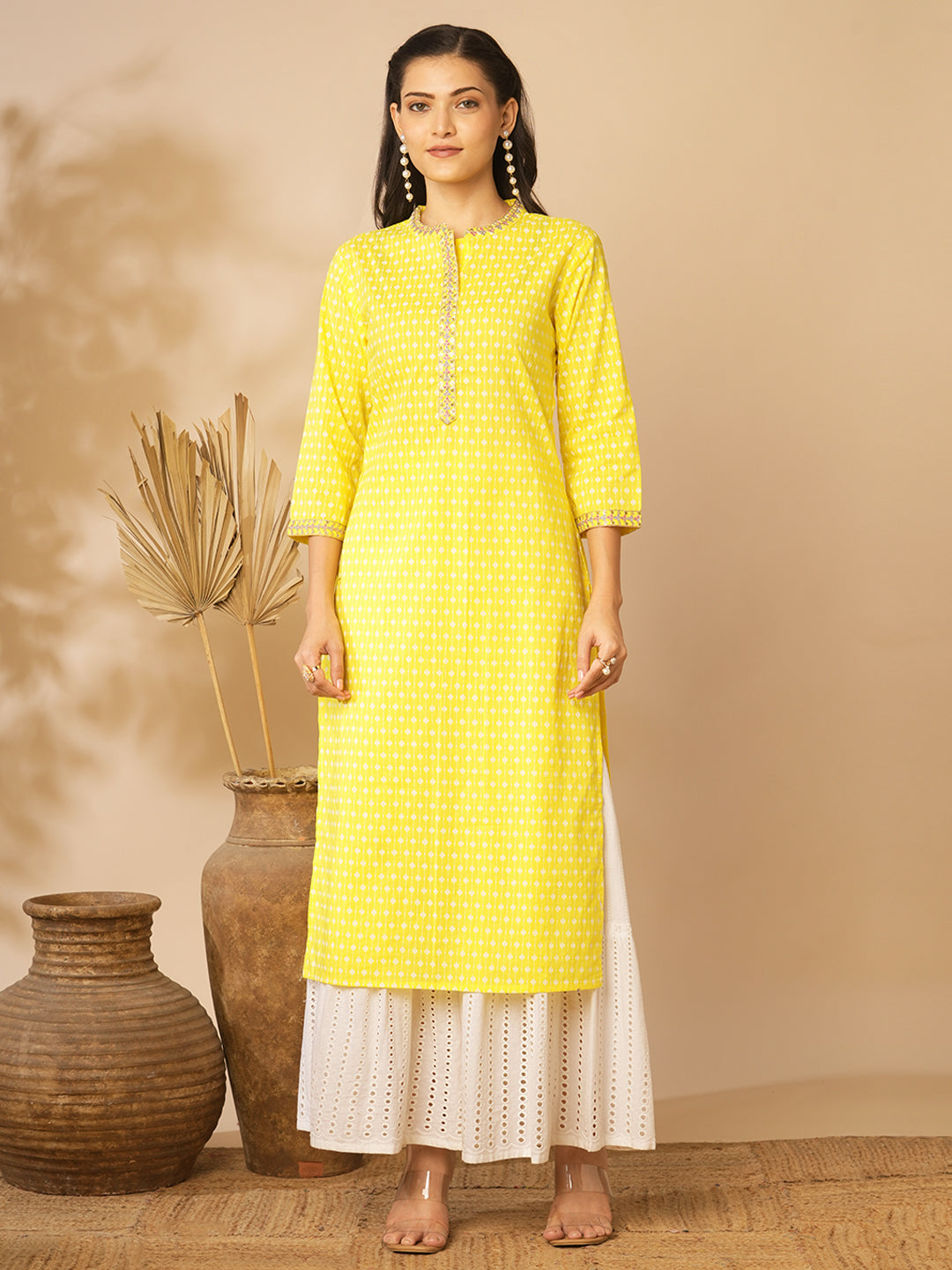 Ethnic Khari Printed & Embroidered Straight Fit Kurta - Yellow