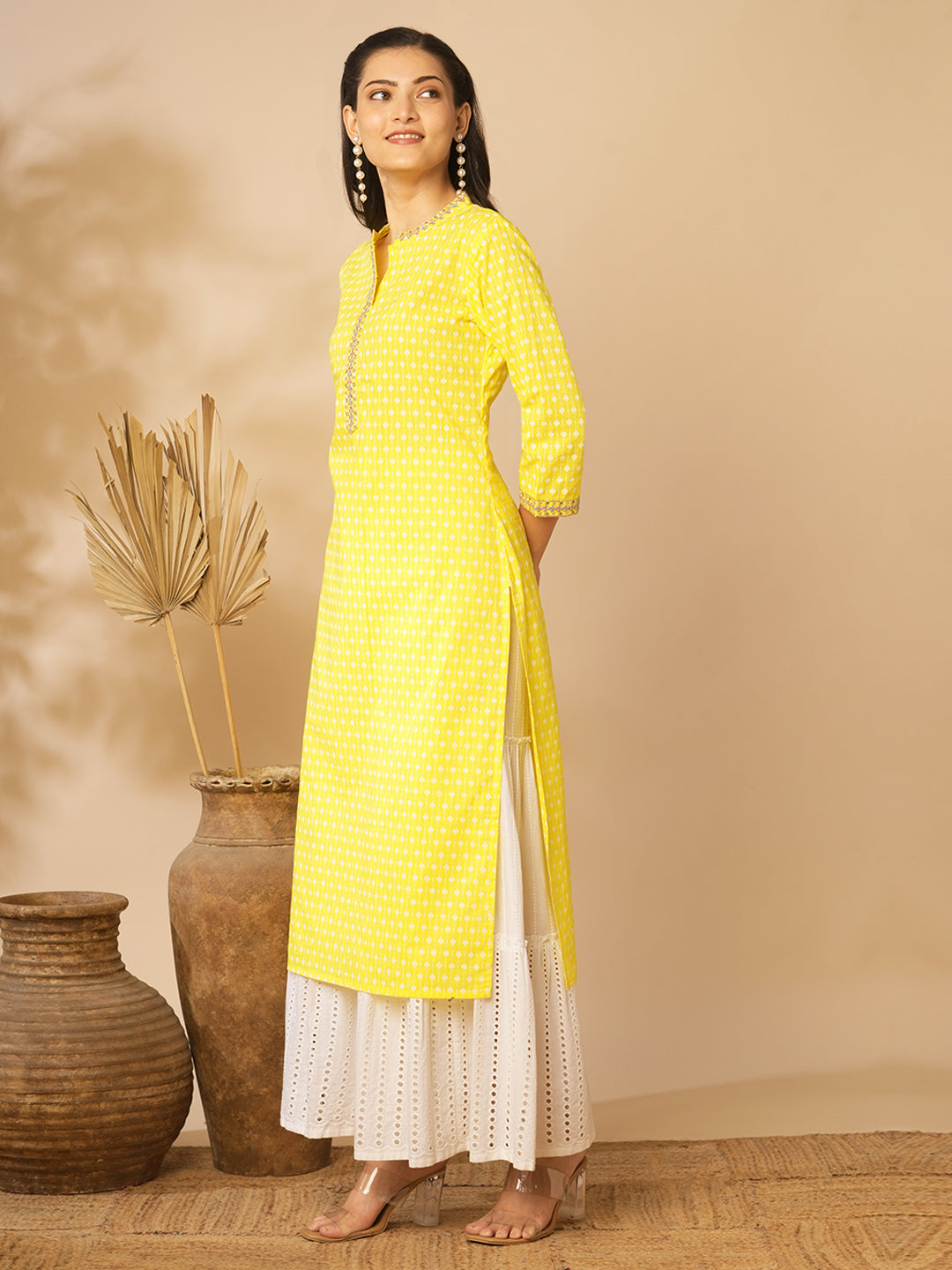 Ethnic Khari Printed & Embroidered Straight Fit Kurta - Yellow