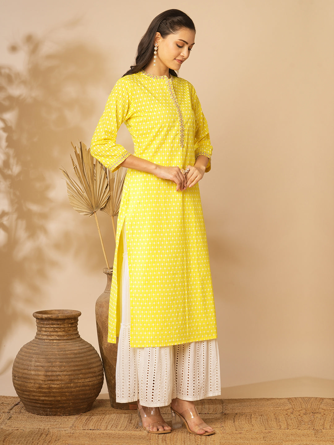 Ethnic Khari Printed & Embroidered Straight Fit Kurta - Yellow