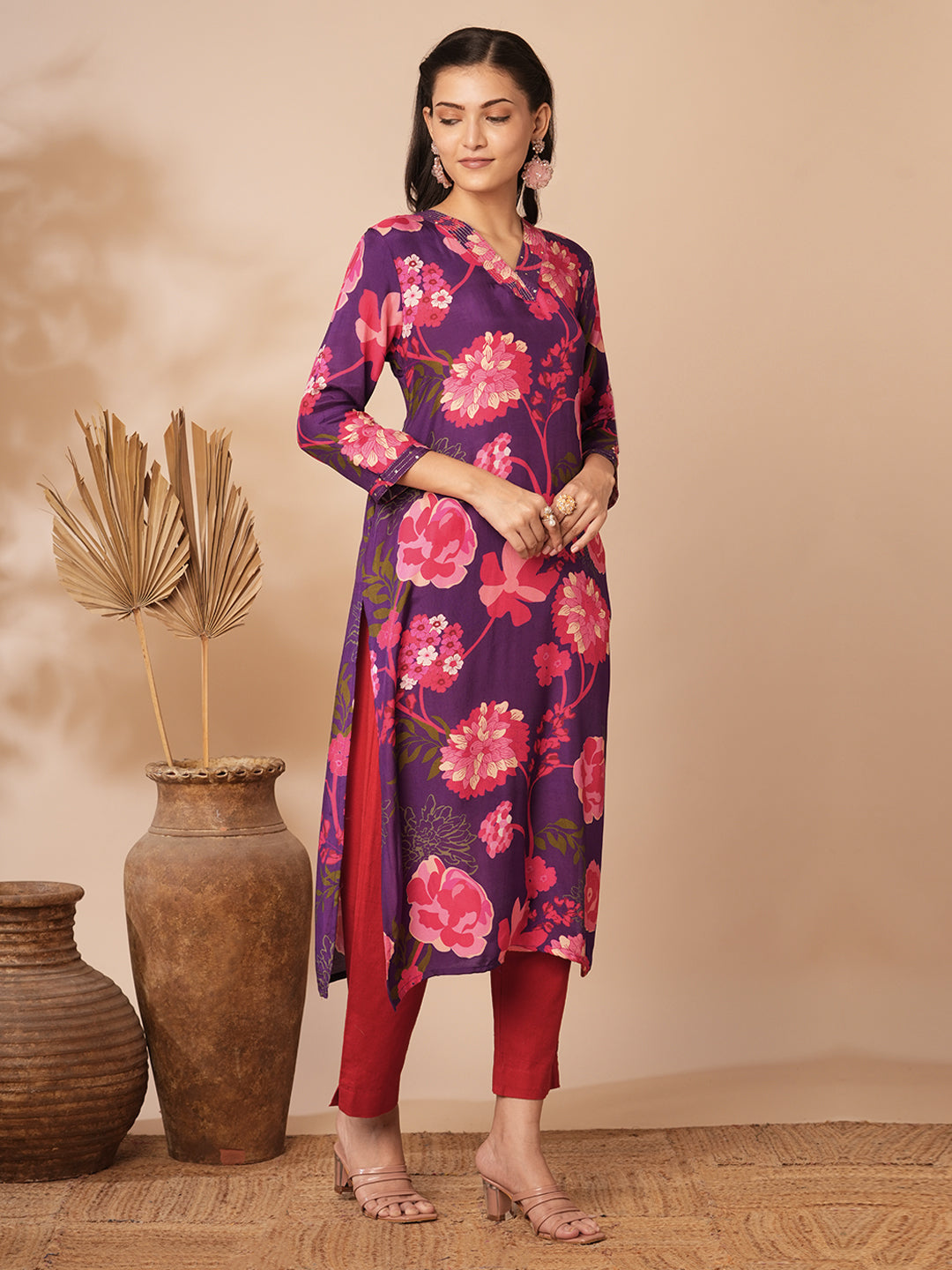 Abstract Floral Printed Straight Fit Kurta - Purple