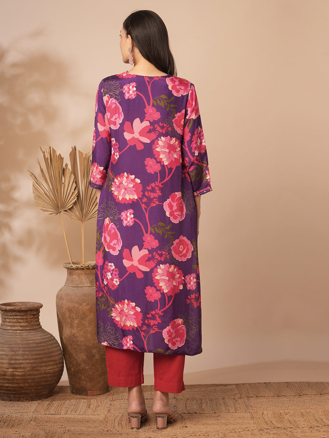 Abstract Floral Printed Straight Fit Kurta - Purple
