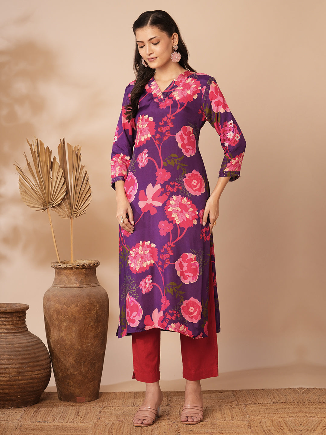 Abstract Floral Printed Straight Fit Kurta - Purple