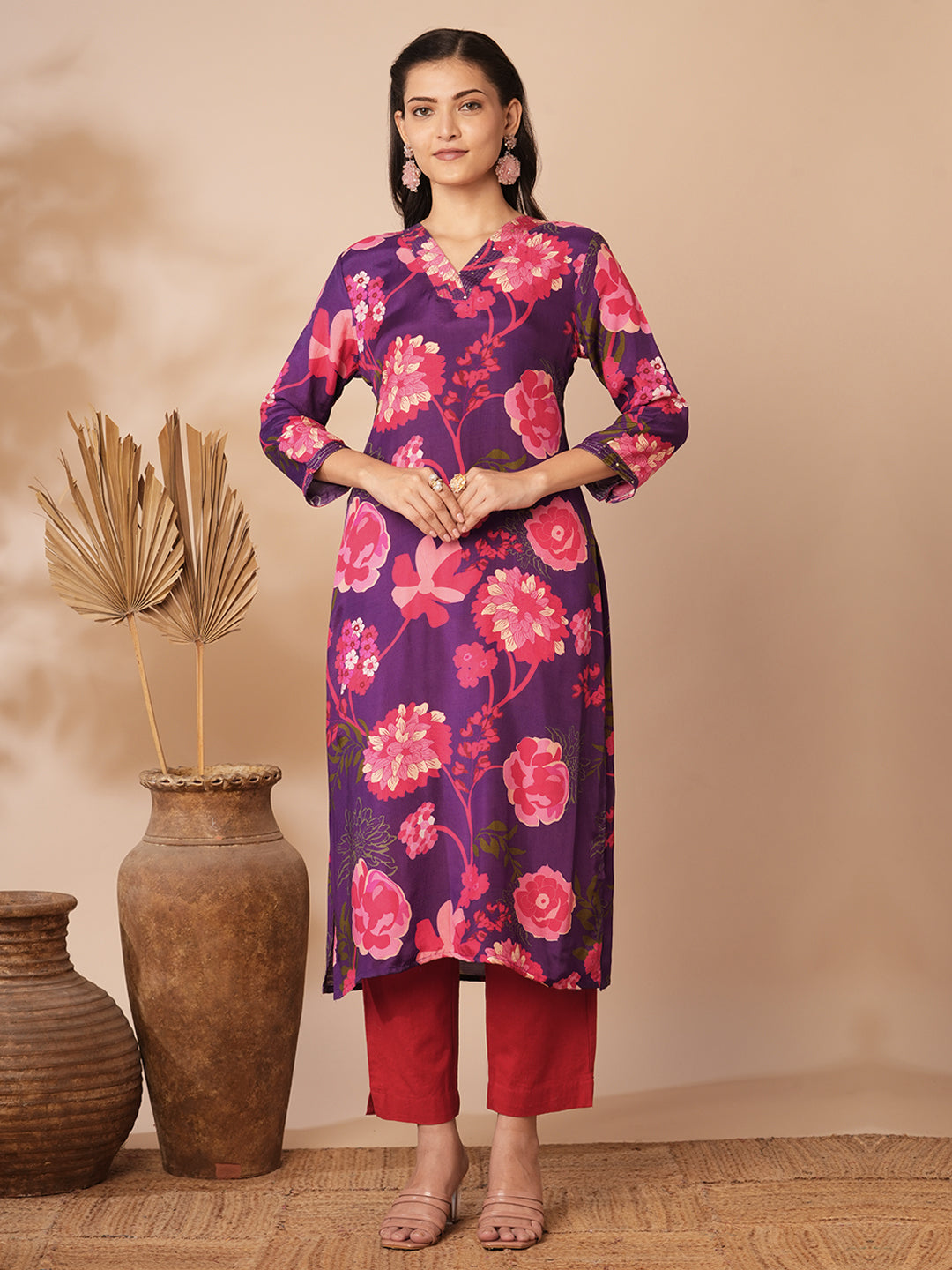 Abstract Floral Printed Straight Fit Kurta - Purple