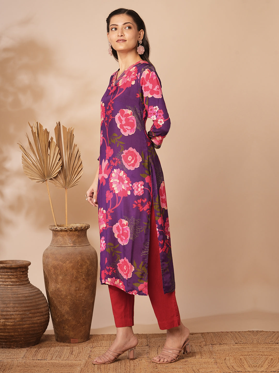 Abstract Floral Printed Straight Fit Kurta - Purple