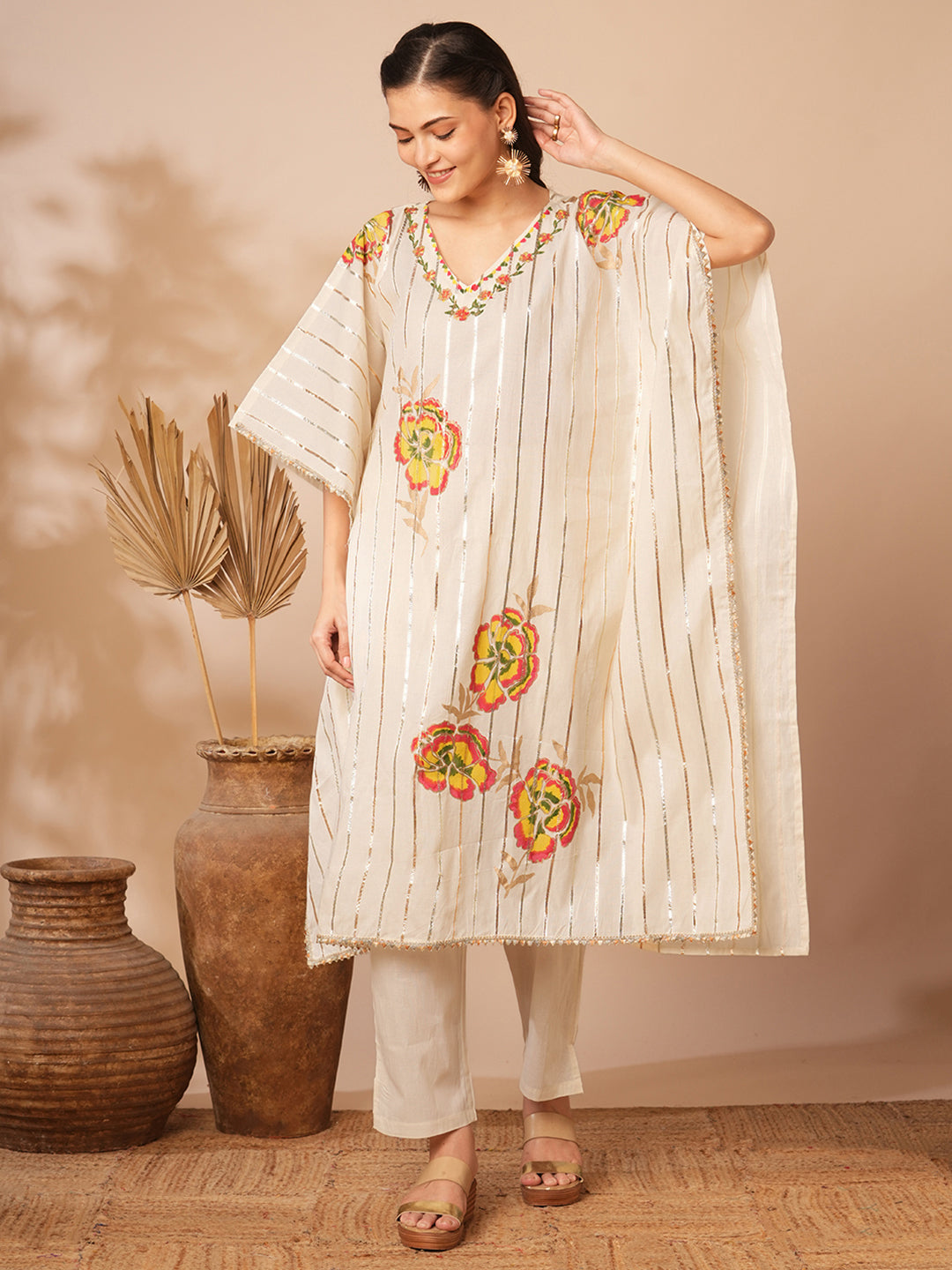 Solid Gota Striped & Floral Printed Kaftan Kurta with Pant - Off White