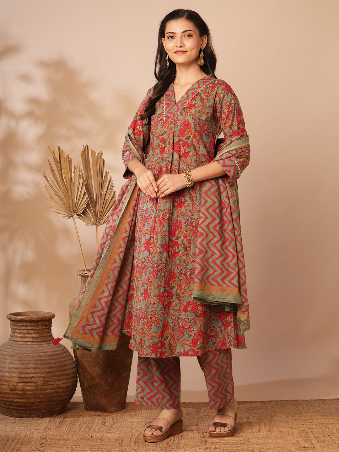 Ethnic Floral Printed & Embroidered A-Line Kurta with Palazzo and Dupatta - Grey