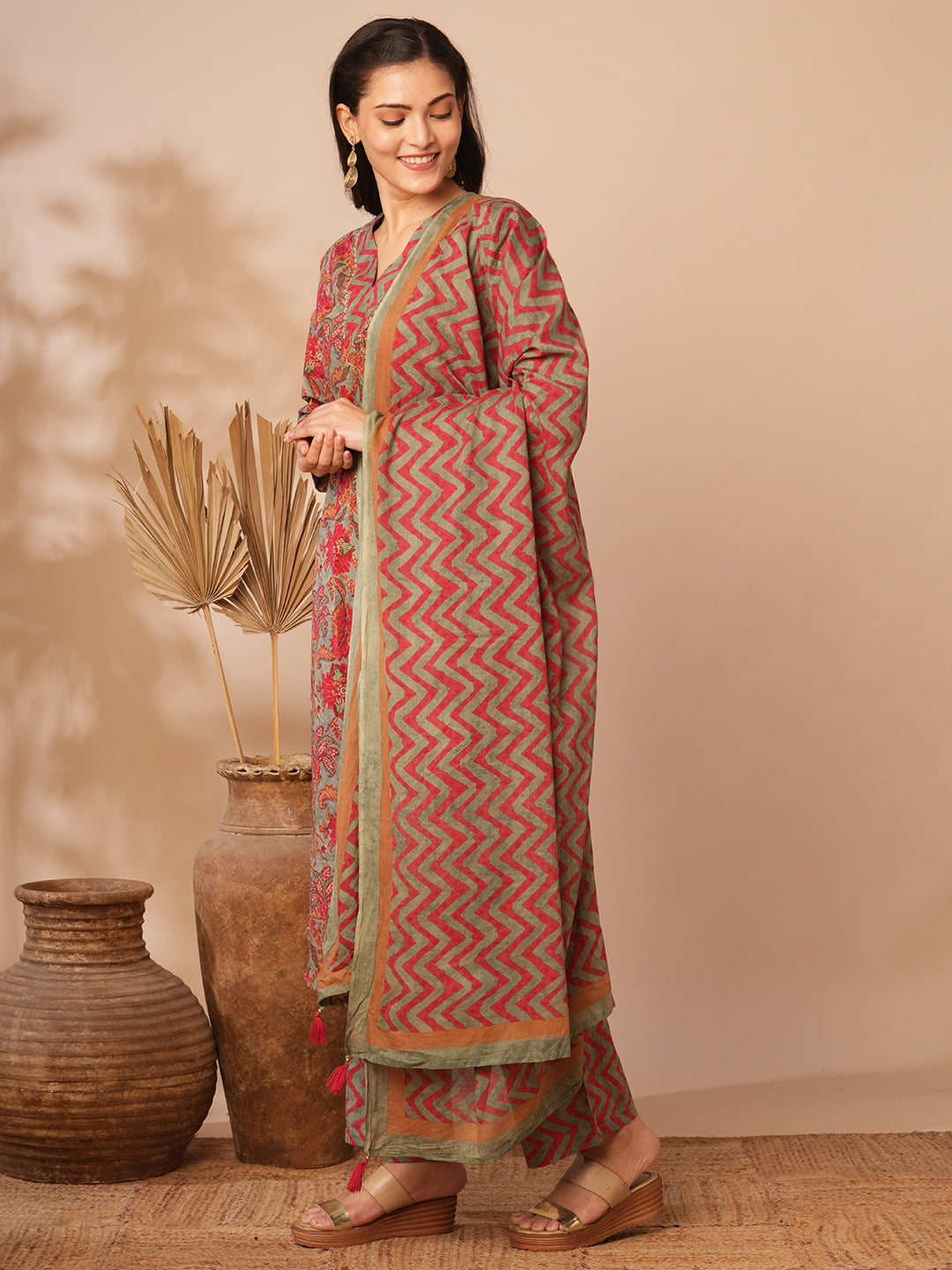 Ethnic Floral Printed & Embroidered A-Line Kurta with Palazzo and Dupatta - Grey